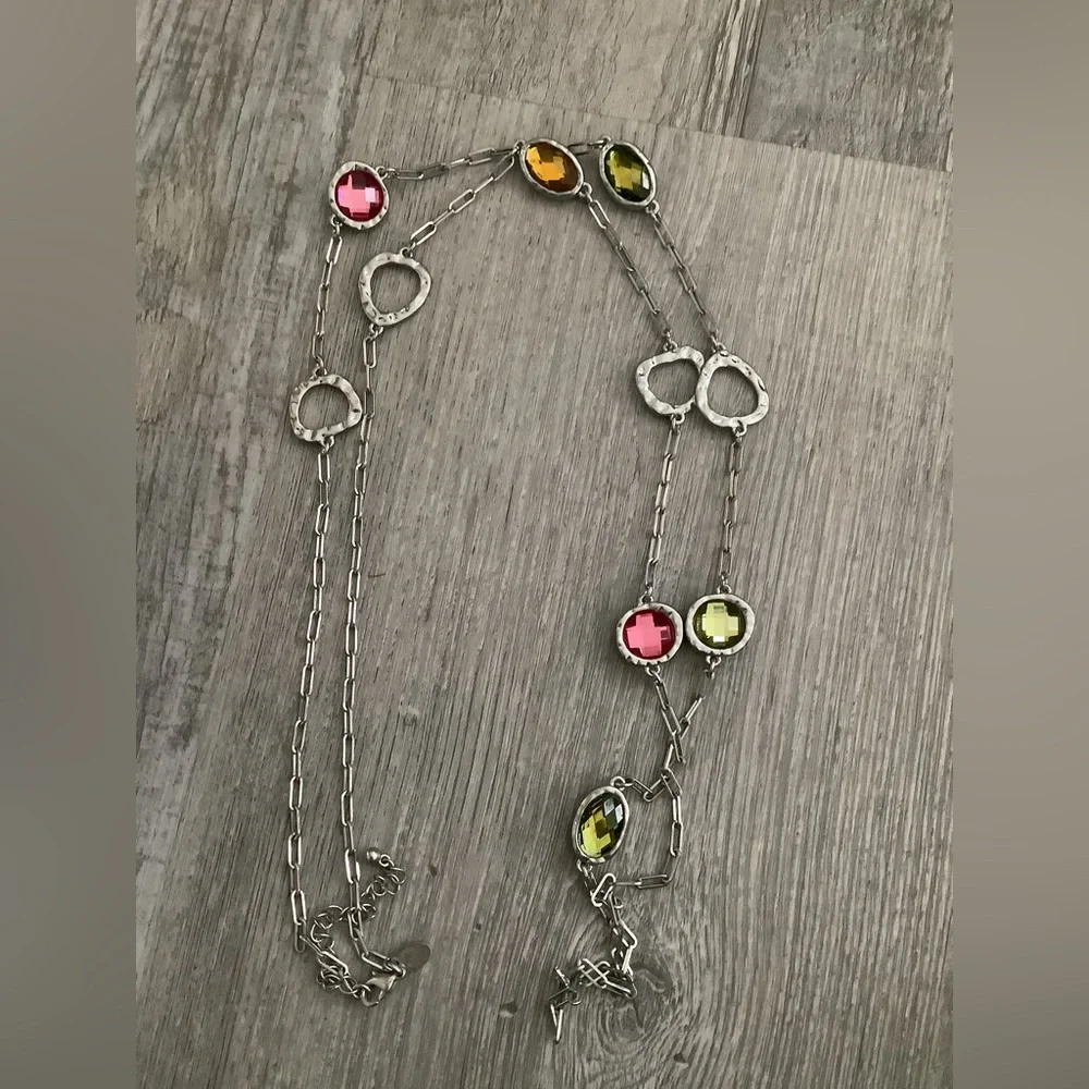 Vintage Signed Lia Sophia Paper Clip Chain Abstract Pastel Glass Stone Necklace